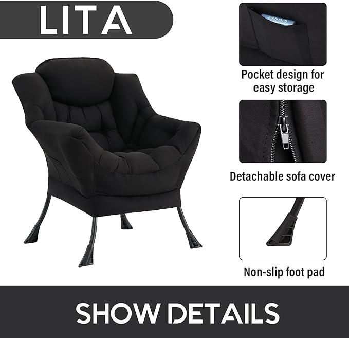 LITA Lazy Chair with Armrests and Side Pocket, Modern Upholstered Accent Reading Chair for Living Room, Bedroom, Dorm, Small Spaces, Single Black