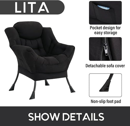LITA Lazy Chair with Armrests and Side Pocket, Modern Upholstered Accent Reading Chair for Living Room, Bedroom, Dorm, Small Spaces, Single Black