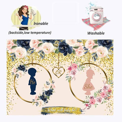 10x8ft Gender Reveal Backdrop Navy and Blush He or She What Will Baby Be Gender Reveal Backdrop Boy or Girl Pregnancy Reveal Photography Background Baby Shower Backdrop Cake Table Decor