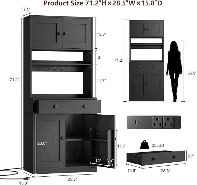 71" Tall Kitchen Pantry Storage Cabinet with Power Outlet & LED Light, Freestanding Food Pantry Cabinet with 4 Doors and Shelves, Cupboard with Drawer, Hutch with Microwave Stand (Black)