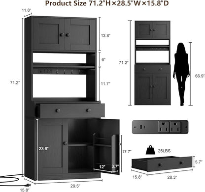 71" Tall Kitchen Pantry Storage Cabinet with Power Outlet & LED Light, Freestanding Food Pantry Cabinet with 4 Doors and Shelves, Cupboard with Drawer, Hutch with Microwave Stand (Black)