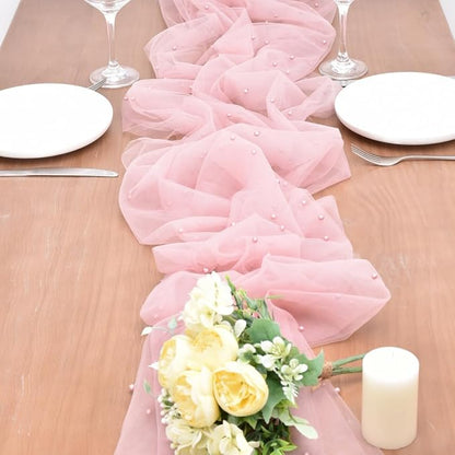 Dusty Rose Pearl Fall Thanksgiving Table Runner Boho Rustic Tulle Lace Table Runner for Baby Shower Wedding Arch Decor Veil Dessert Table Decor