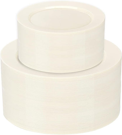 I00000 102 Pcs Ivory Plastic Plates, Disposable Party Plates Include 51 Ivory Dinner Plate 10’’ and 51 Plastic Dessert Plate 7’’ Perfect for Birthday, Party & Wedding