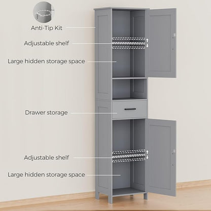 Homhedy 67" H Tall Bathroom Storage Cabinet with 2 Barn Doors and 1 Drawer, Narrow Storage Unit, Adjustable Shelves, Floor Cabinet for Bathroom, Living Room, Entryway, Kitchen, Gray, (15.7" W)