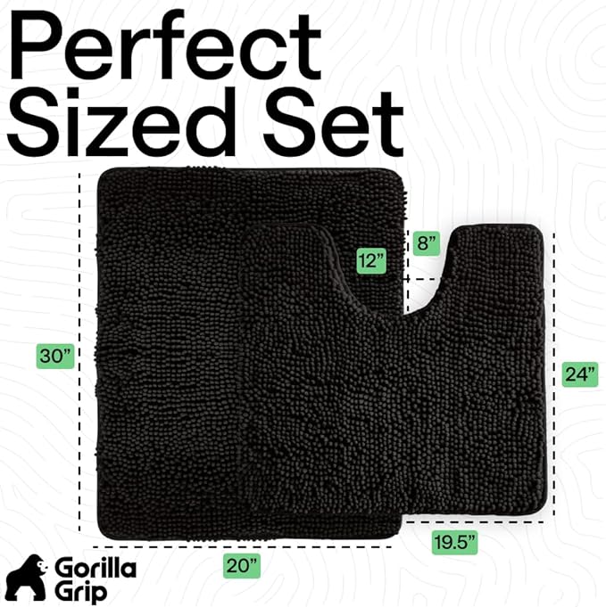GORILLA GRIP Bathroom Rug Sets, Soft Chenille 2 Piece Area Rugs Set, Toilet Base Mat and 30x20 Carpet, Absorbent Microfiber Washable Mats Dry Quickly, Home Décor and Bath Room Accessories, Black