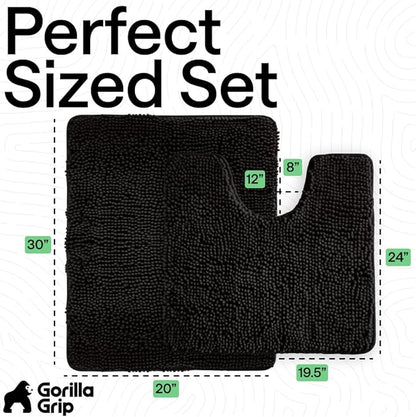 GORILLA GRIP Bathroom Rug Sets, Soft Chenille 2 Piece Area Rugs Set, Toilet Base Mat and 30x20 Carpet, Absorbent Microfiber Washable Mats Dry Quickly, Home Décor and Bath Room Accessories, Black