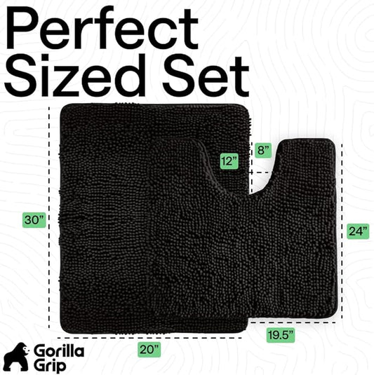 GORILLA GRIP Bathroom Rug Sets, Soft Chenille 2 Piece Area Rugs Set, Toilet Base Mat and 30x20 Carpet, Absorbent Microfiber Washable Mats Dry Quickly, Home Décor and Bath Room Accessories, Black