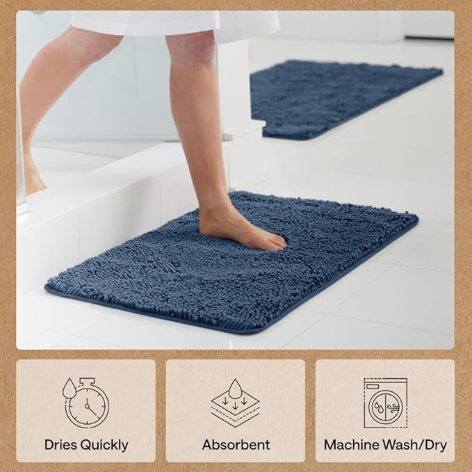 GORILLA GRIP Bath Rug Mat 42x24, Soft Absorbent Chenille, Quick Dry Microfiber Mats, Rubber Backing Washable Shower Floor Rugs, Bathmat Runner, US Designed Bathroom Home Decor Accessories Navy Blue