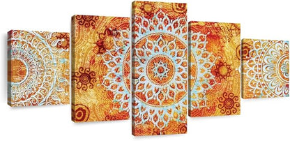 ElephantStock - Sun Like Mandala Symbols Wall Art - Horizontal Multi Panel Canvas - 5 Piece Living Room Wall Decor - Digital Art Elements Multi Piece Wall Art - Orange And Blue Decor - 29" x 12"