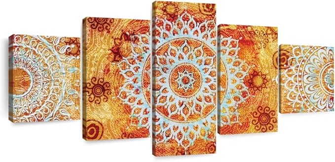 ElephantStock - Sun Like Mandala Symbols Wall Art - Horizontal Multi Panel Canvas - 5 Piece Living Room Wall Decor - Digital Art Elements Multi Piece Wall Art - Orange And Blue Decor - 36" x 15"
