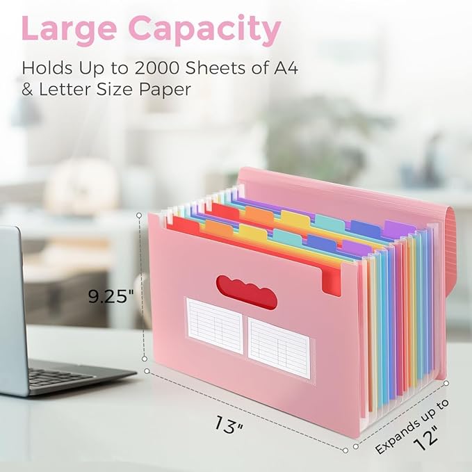 SKYDUE Accordion File Organizer, Expanding File Folder with 13 Pockets, Portable Document Paper Bill Receipt Organizer, Home School Office Supplies, Letter A4 Size Pink