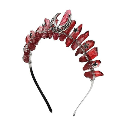 Red Raw Crystal Headband, Tiara Rhinestone Hairband with Star and Moon Fashion Quartz Headwear for Women Girls (red1)