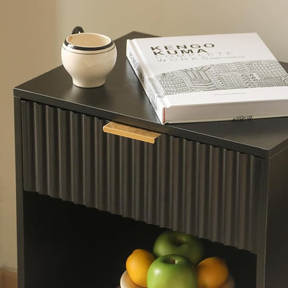 Black Fluted Nightstand, Modern Bedside Table with Drawer and Opening Storage, End Side Table Living Room with Solid Wood Legs for Bedroom (Black)
