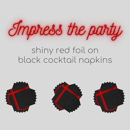 Red on Black Cocktail Napkins - 100 Pack, 5" x 5", 3-Ply Paper - Style Name: Blissful Crossing