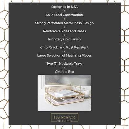 BLU MONACO Gold Mesh Paper Tray – Set of 2 Stackable Letter Trays – Durable Metal Desk Organizer for Home, Office & School – Stylish Document Holder, File Storage, and Workspace Organizer