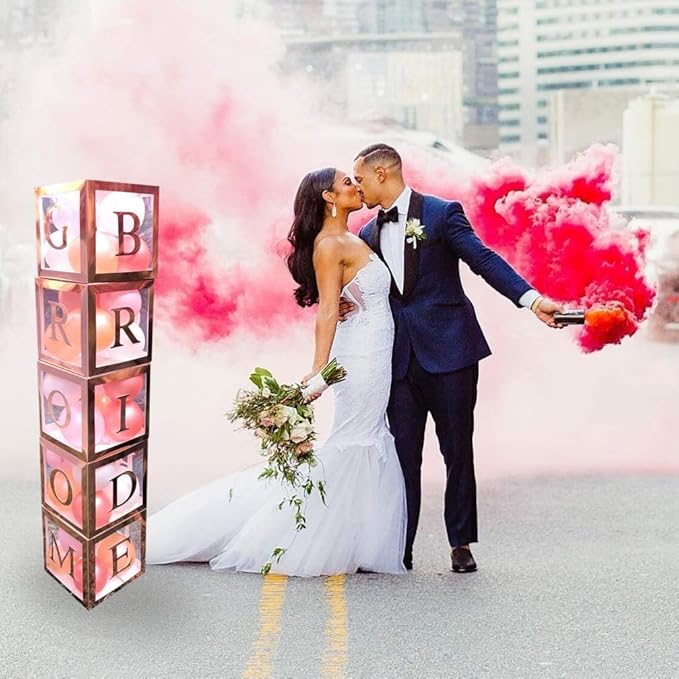 96 PC Bridal Shower Decorations Balloon Boxes Rose Gold - Transparent Block with BRIDE TO BE + GROOM + A - Z Letters and 40 Balloons- Engagement Bachelorette Parties Weddings Centerpieces Photo Booth