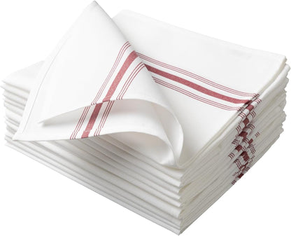 100% Polyester Napkin 18"x22", Dual-Stripe Border – Durable Decorative Napkins for Restaurants & Events, Bright Red, Set of 12