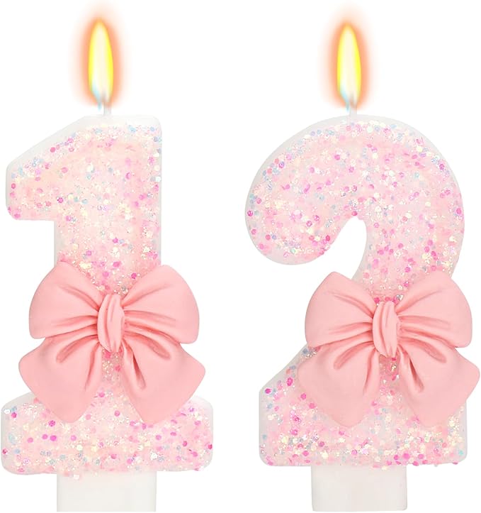 Pink Number 12 Birthday Candle, 3" Tall, Modern Bow Style, Non-Toxic, Eco-Friendly, Unscented