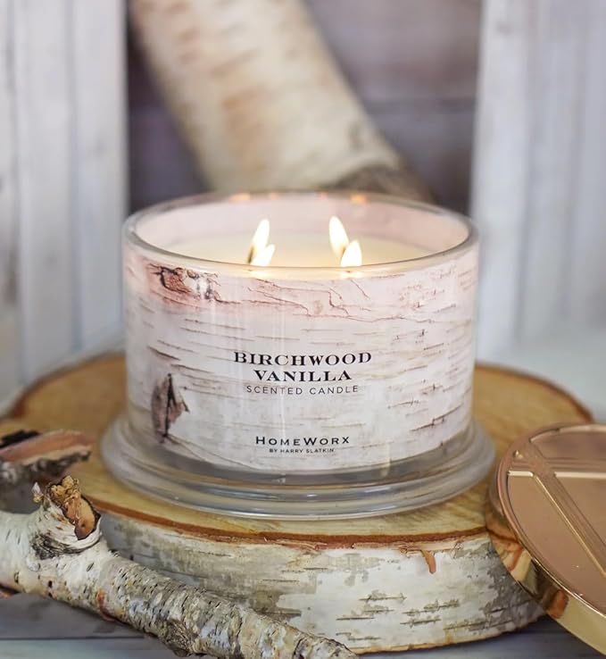 HomeWorx by Slatkin & Co - Birchwood Vanilla - Premium Scented 18oz 4 Wick Candle - Long-Lasting Jar Candle, 30-55 Hours Clean Burn Time - Birchwood, Vanilla, Jasmine, & Cedarwood