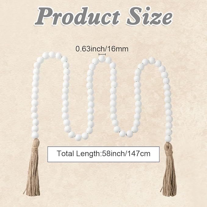 Wood Bead Garland 58 Inch White Wooden Beads for Boho Farmhouse Table Home Decor with Tassel, Wooden Prayer Bead, Rustic Country Boho Wall Hanging Decor for Kitchen Modern Living Room Tray Vase Shelf