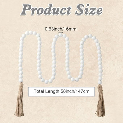 Wood Bead Garland 58 Inch White Wooden Beads for Boho Farmhouse Table Home Decor with Tassel, Wooden Prayer Bead, Rustic Country Boho Wall Hanging Decor for Kitchen Modern Living Room Tray Vase Shelf