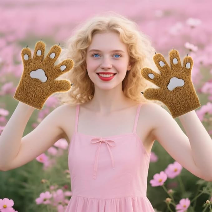 Faux fur wolf paw gloves with non-slip cat pad three-piece set, suitable for cosplay, Christmas, and Halloween party costumes