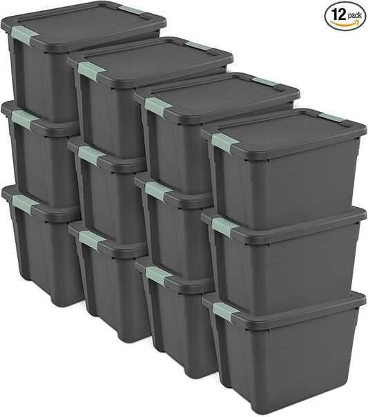 Sterilite 12 Pack Latch Tote, Stackable Plastic Storage Container, 12 Gallon, Gray/Green