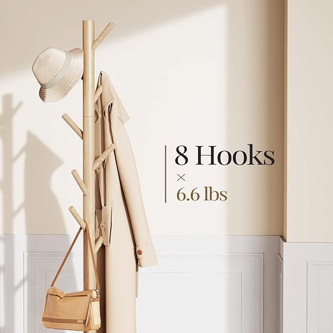 Pipishell Coat Rack Sturdy Wooden Coat Rack Stand, Adjustable Coat Tree, Free Standing Tree Hanger with 4 Sections & 8 Hooks, for Home/Bedroom/Office/Hallway/Entryway