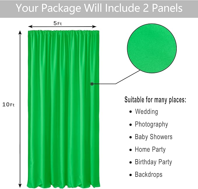 Hiasan Green Screen Backdrop Curtains for Parties, Polyester Photography Backdrop Drapes for Family Gatherings, Wedding Decorations, 5ftx10ft, Set of 2 Panels