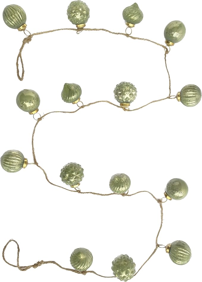 Creative Co-Op Embossed Mercury Glass Ball Ornament Garland with Jute Cord, Olive Green