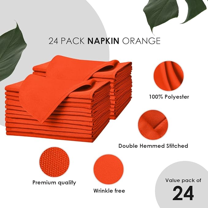 Orange Cloth Napkins Bulk (Pack of 24) - 100% Polyester Dinner Linen Napkins Cloth Washable & Reusable - Durable with Hemmed Edges - Ideal for Parties and Weddings (17x17 Inches)