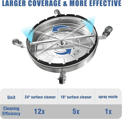 janz 24" Pressure Washer Surface Cleaner with 4 Wheels,Dual Handle,Stainless Steel Housing, 2 Hose Adapters and 4 Replacement Nozzles, Ideal for Cleaning Driveways, Sidewalks,Patios,Decks