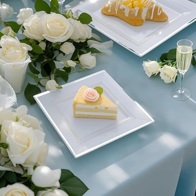Festiva 350Pcs Silver Plates - Silver Square Plastic Plates 9 .5" and 6" - serve for 50 guests include 50 Cups 50Plastic Cutlery 50Hand Napkins Perfect for Party&Wedding&Birthday&Christmas