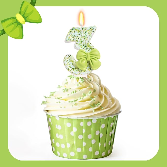 Birthday Candle for Cake, Green Bow Number Cake Candles, 2.76 inch Cake Topper Decoration for Birthday Party (Number 3)
