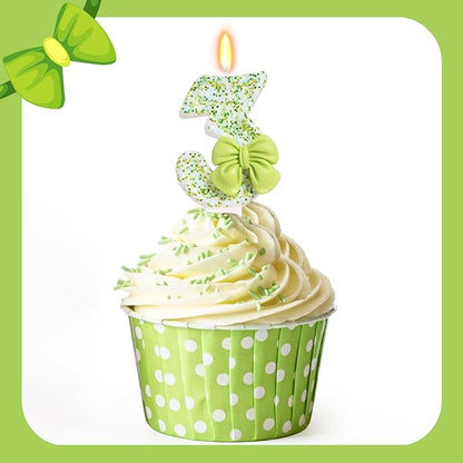 Birthday Candle for Cake, Green Bow Number Cake Candles, 2.76 inch Cake Topper Decoration for Birthday Party (Number 3)