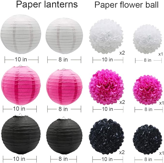 15pcs Hanging Party Decorations Set, Hot Pink White Black Paper Flowers Pom Poms Balls and Paper Lanterns for Minnie Mouse Theme Birthday Baby Shower Bachelorette Party