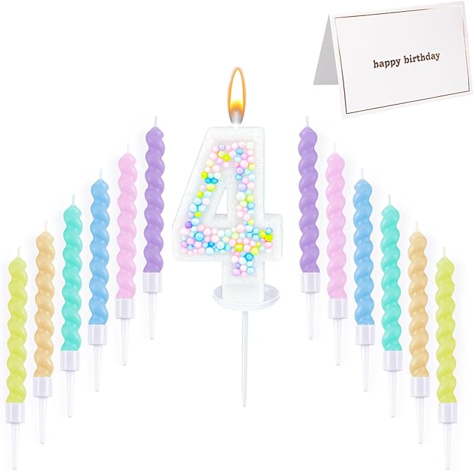 Number Birthday Candle with 12PCS Spiral Candles and A Birthday Card - Perfect for Celebrating Birthdays (Macaron Glitter, Number 4)