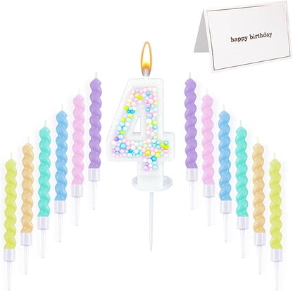 Number Birthday Candle with 12PCS Spiral Candles and A Birthday Card - Perfect for Celebrating Birthdays (Macaron Glitter, Number 4)