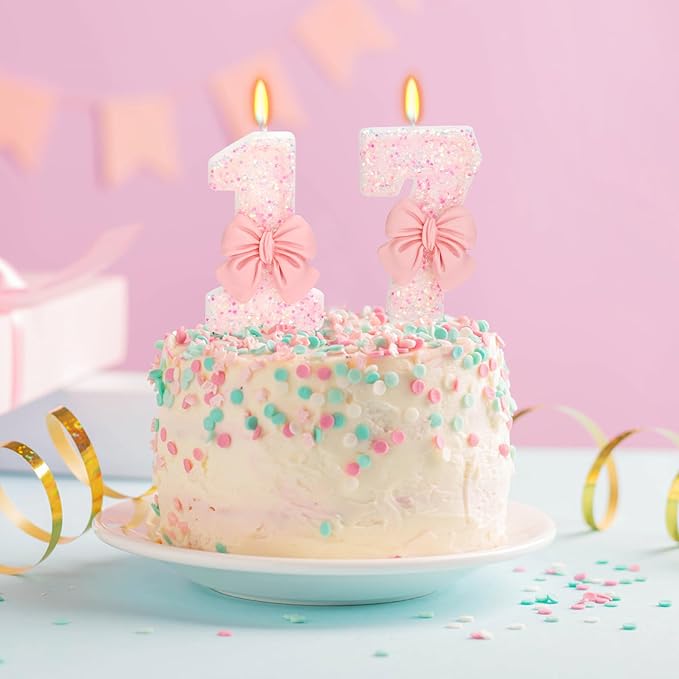 Number 17 Pink Bow Birthday Candle, 3" Tall, Smokeless, Non-Toxic, Modern Style, Celebration Decoration