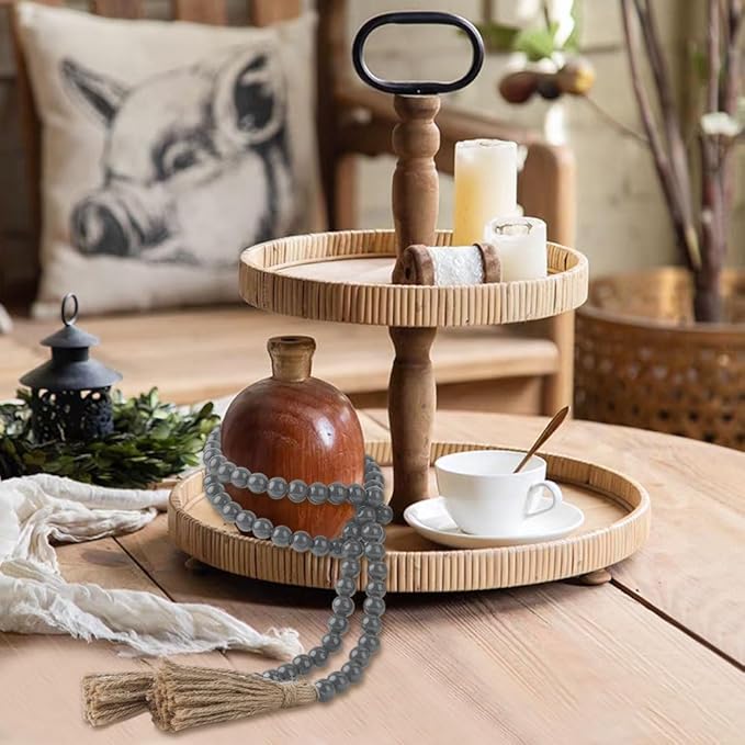 Wood Bead Garland 58 Inch Grey Wooden Beads for Boho Farmhouse Table Home Decor with Tassel, Wooden Prayer Bead, Rustic Country Boho Wall Hanging Decor for Kitchen Modern Living Room Tray Vase Shelf