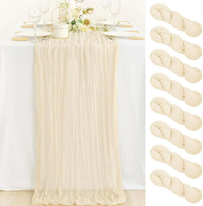 MLMC 8 Pack Beige Cheesecloth Table Runner 10ft Cream Rustic Gauze Cheese Cloth Table Runner 35x120 Inches for Wedding Baby Bridal Shower Boho Home Decor