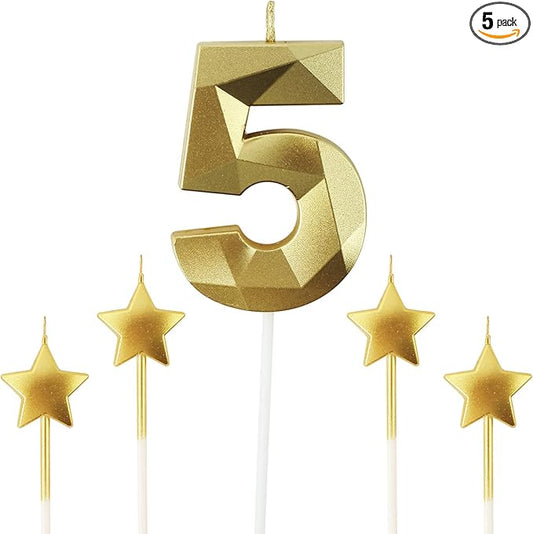 Golden Number 5 & 2.76 inch 3D Diamond Shaped Birthday Candles for Parties & Cake Decorations
