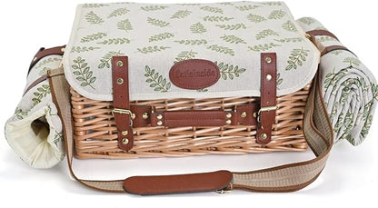 Multifunctional Wicker Picnic Basket Set for 4 with Blanket and Picnic Table, Insulated Picnic Set with Full Tablewares for Camping Outdoor Couples,Leaf