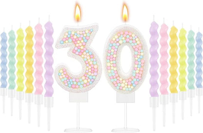 MTLEE Number 30 Birthday Candle with 12 Pcs Spiral Candles for Girls Macaron Pastel Rainbow Unicorn Pink Cake Topper for Sweet Theme Party Decoration