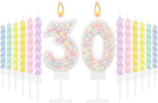 MTLEE Number 30 Birthday Candle with 12 Pcs Spiral Candles for Girls Macaron Pastel Rainbow Unicorn Pink Cake Topper for Sweet Theme Party Decoration