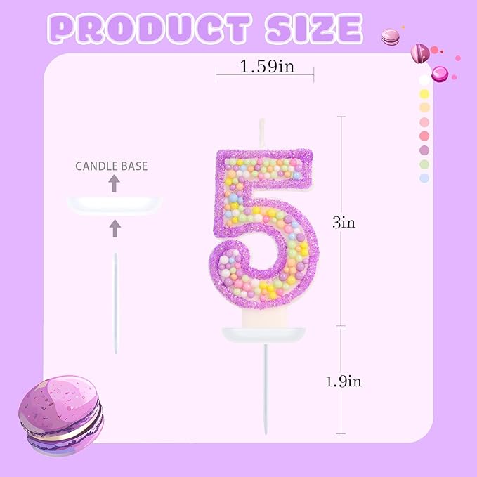 Birthday Candles - Number 5 Candle, Colorful Macaron Candles for Boys/Girls, Purple Birthday Decorations, Purple Cake Decorations