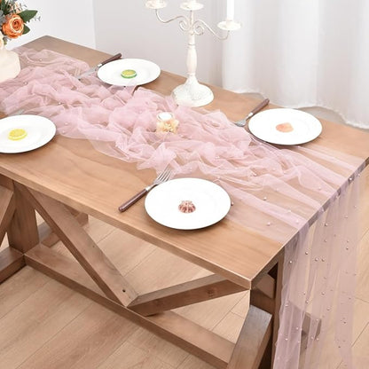 Blushing Pink Pearl Fall Thanksgiving Table Runner Boho Rustic Tulle Lace Table Runner for Baby Shower Wedding Arch Decor Veil Dessert Table Decor