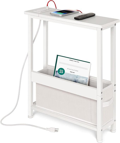 Slim Charging End Table with Storage - for Small Spaces and Bedroom (White)