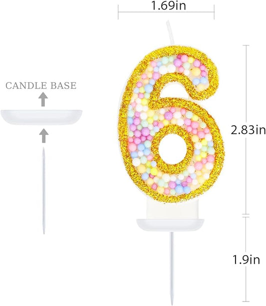 6th Birthday Candle for Cake, Colorful Macaron Numeral Candles for Girls/Boys, Birthday Party Cake Decorations, Golden Cake Topper for Birthday Party Supplies (Number 6)