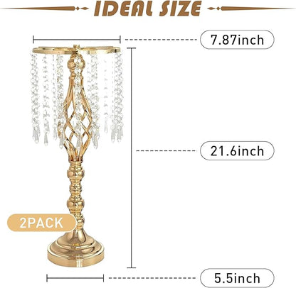 2 Pcs 21.7 Inch Gold Crystal Flower Stand Wedding Centerpieces for Table, Tall Metal Flower Arrangement Stand with Metal Chandelier Tabletop for Event, Birthday, Home Decor